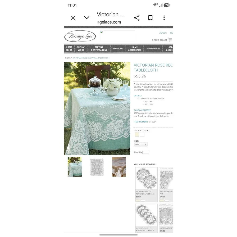 Heritage Lace Victorian Rose Square Tablecloth Cream 36x36 Cottagecore NWOT